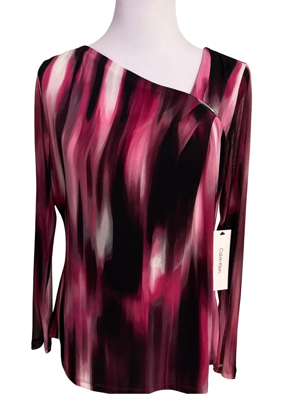 Calvin Klein Magenta & Black One-Shoulder Long-Sleeve Blouse